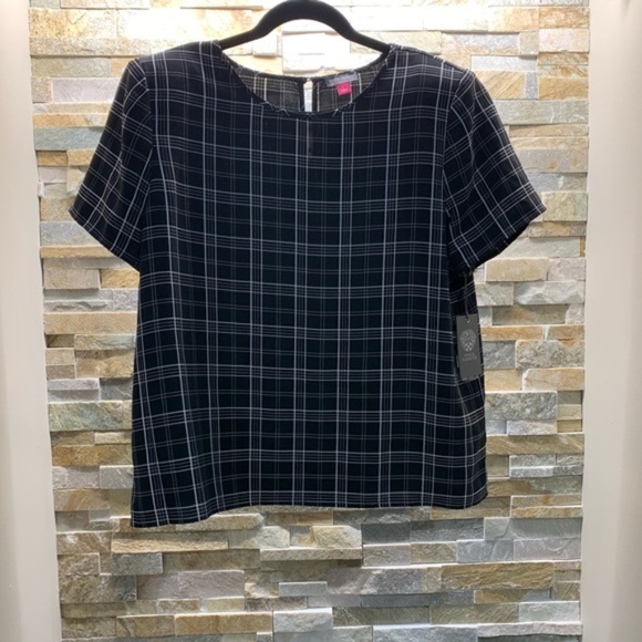 Vince Camuto Windowpane Plaid Short Sleeve Top - Picture 3 of 5